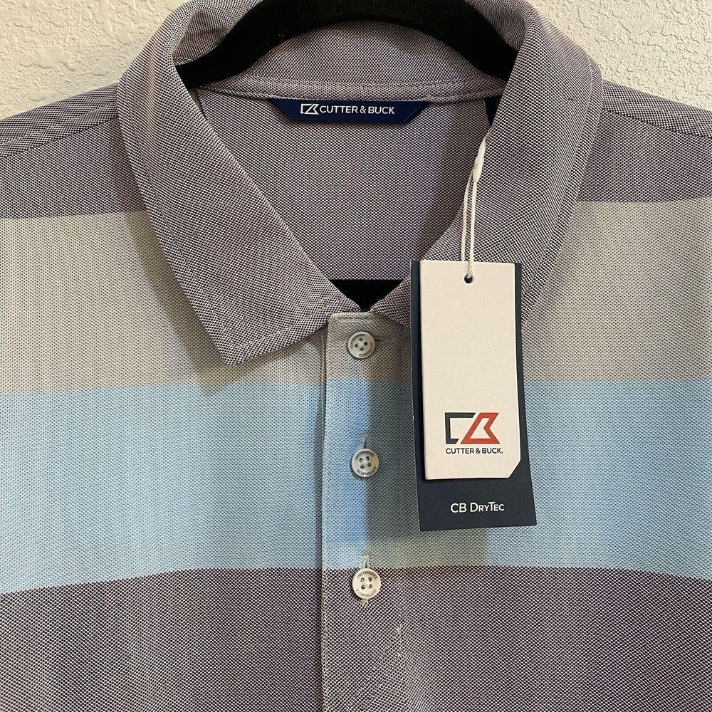 NWT‎ Cutter & Buck Men's Striped Large DryTec Polo 100% Polyester Purple